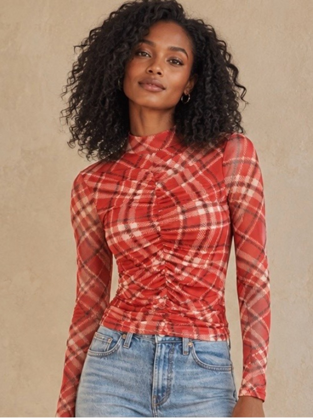 Crave Fame Red Plaid Ruched Long Sleeve Top